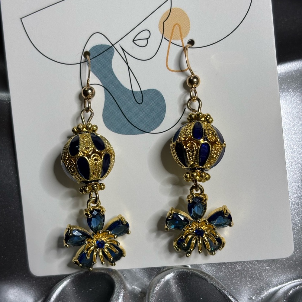 Hand Crafted Beaded Earrings Gold Cloisonné with Blue Floral Beads 2 in